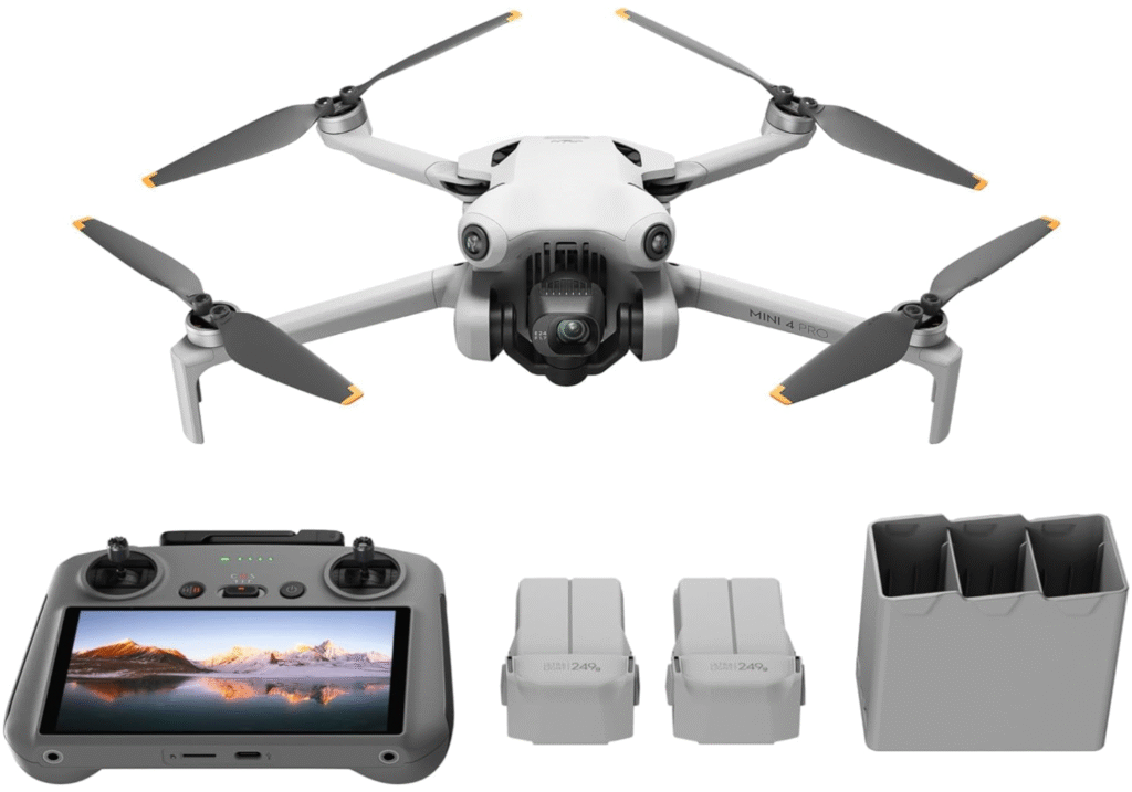 DJI Bundle avec Mini 4 Pro Fly More avec RC 2 (Radiocommande avec Écran), Mini Drone Pliable avec Caméra 4K, Moins de 0,549 lb/249 g, Temps de Vol de 34 min...