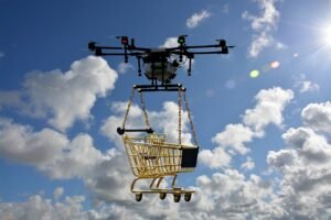Livraison par drone qui livre un caddie