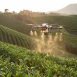 drone agricole planant au dessus d'un champ d'agriculture pour semer