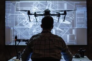 drone militaire, plan de drone en avant plan un homme militaire