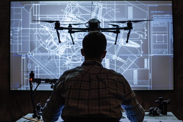 drone militaire, plan de drone en avant plan un homme militaire