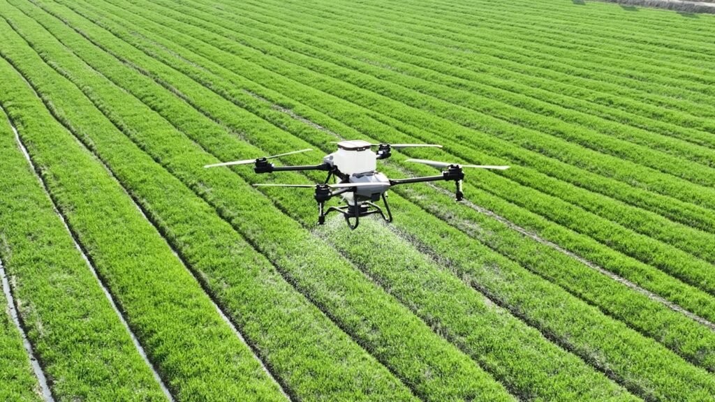 drone survolant un champ d'agriculture pour la semence, metier pour gagner de l'argent avec les drones